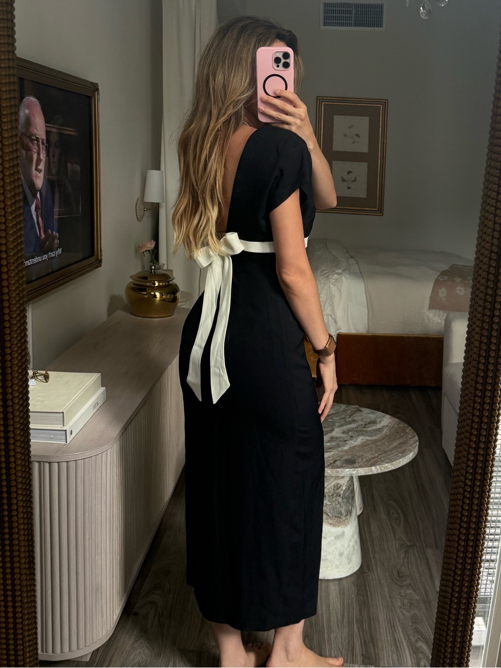 Vintage Donna Ricco Black Ivory Bow Open Back Maxi Dress Made USA 6